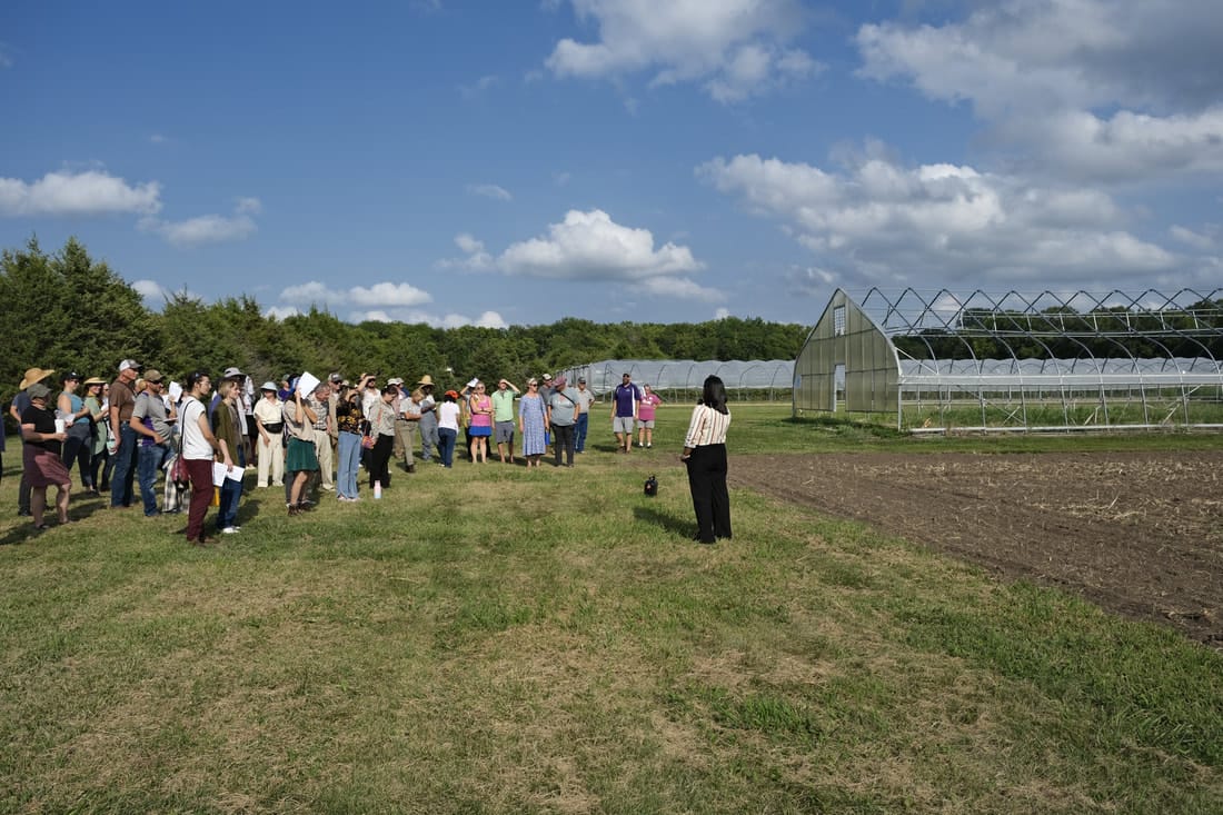 Dr, Ravneet Sandhu giving an update on her Cantaloupe trials at Field Day 2024.